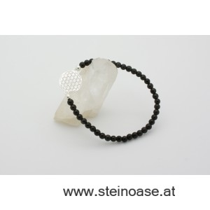 Armband Onyx + Blume d.Lebens, Silber, 4mm